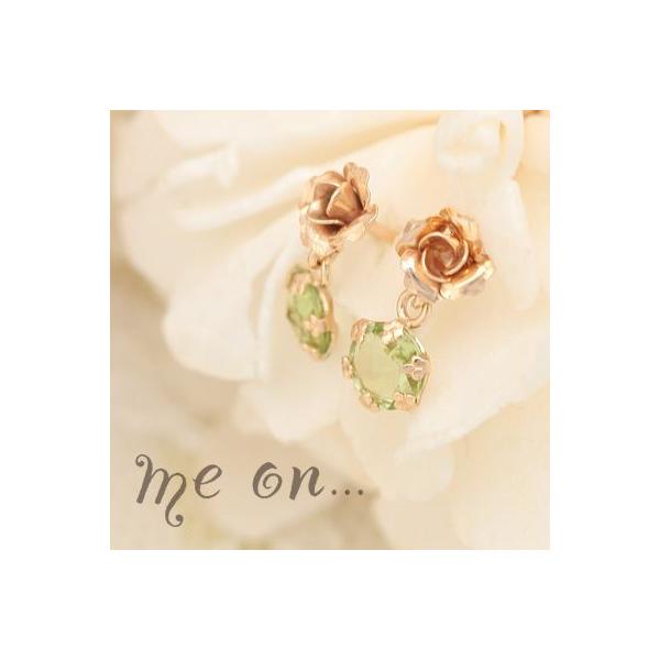 【me on...】K10イエローゴールド(YG)×ペリドット・太陽の石、ペリドットの光を集める1枚1枚繊細な薔薇モチーフ・ドロップピアス